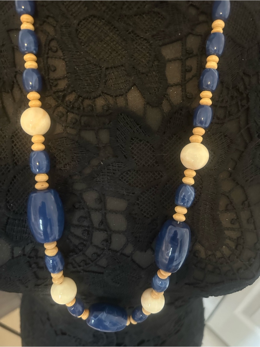 Blue and Cream Beaded Women's Necklace - Unbranded 32”